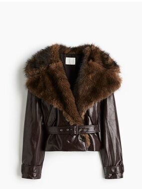🤎 H&M Dark Brown Leather Jacket with Brown Faux-Fur Collar/Sold out everywhere